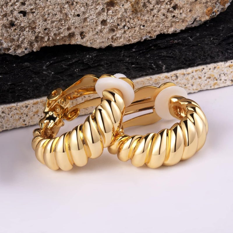 AllenCOCO Clip on Earrings Women, 14K Gold Hoop Clip-On Earrings for Women, Hypoallergenic Non Pierced Croissant Earrings - Image 4